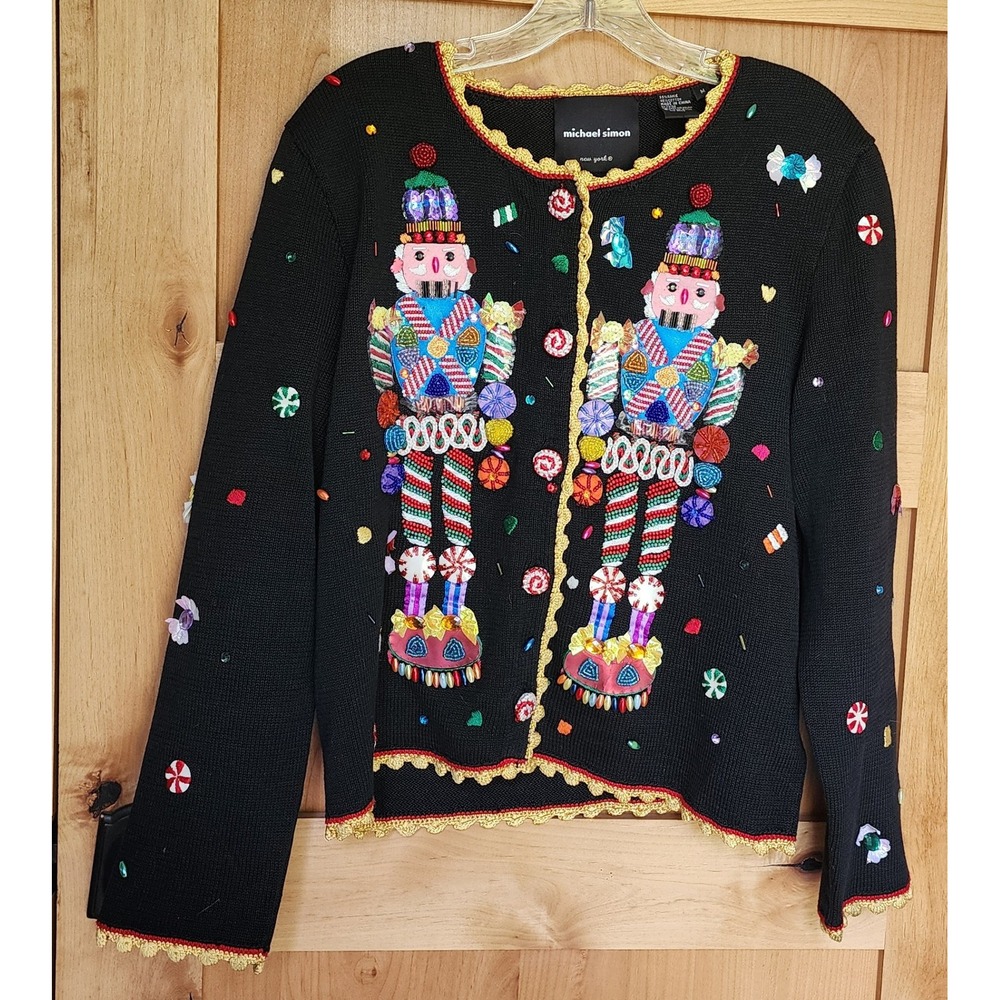 Vintage Michael Simon Medium Ramie Cotton Embroidered Beaded Christmas Cardigan